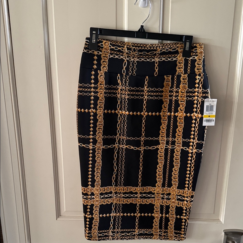 Thalia Sodi Scuba Black and Gold Chain Pencil Skirt
